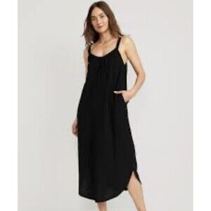 Old Navy Black Sleeveless Shirred Maxi Dress Cotton Tie Back Pockets Size XL